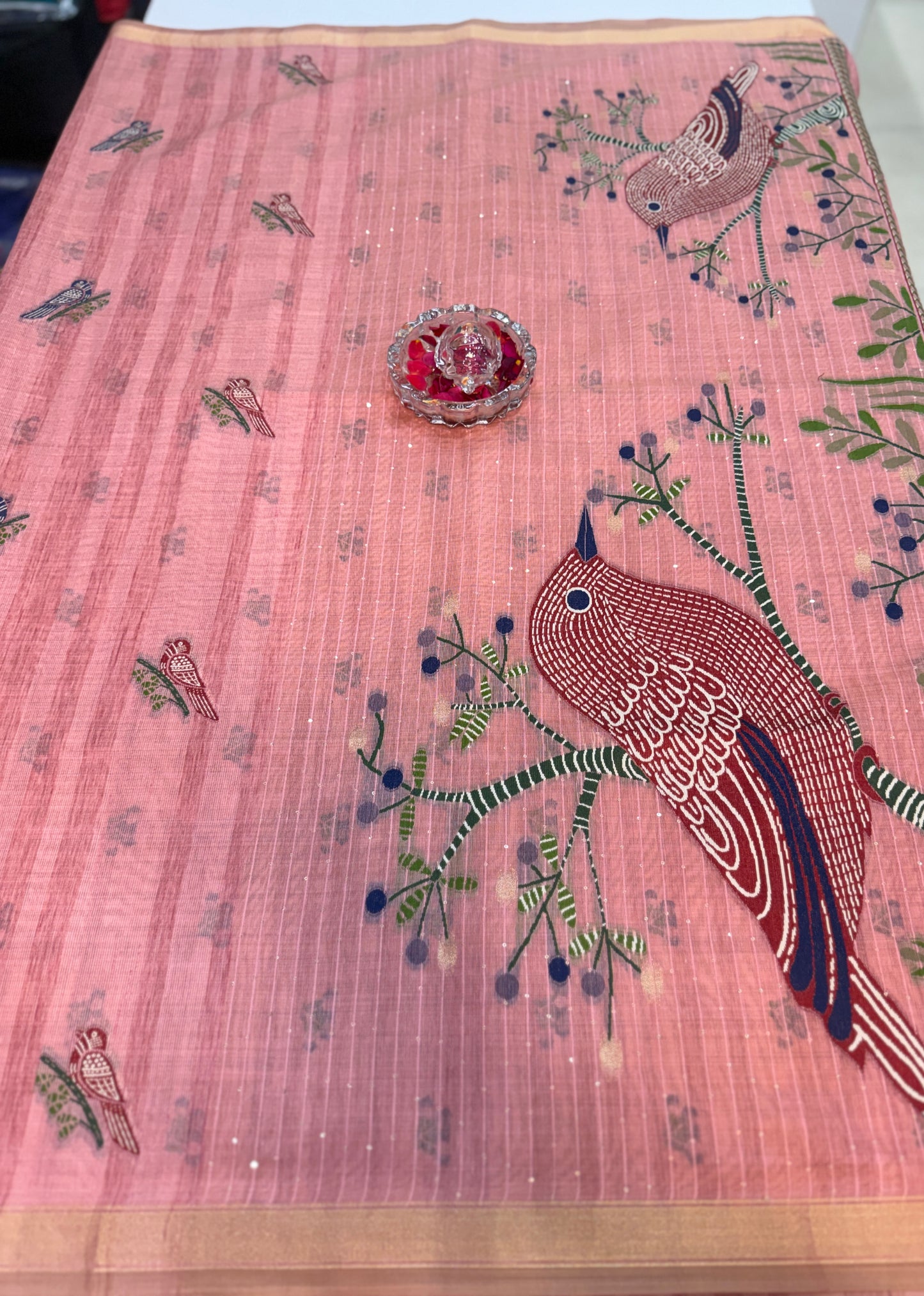 Ghicha cotton saree with bird motif pallu and tassel border, printed cotton saree for women