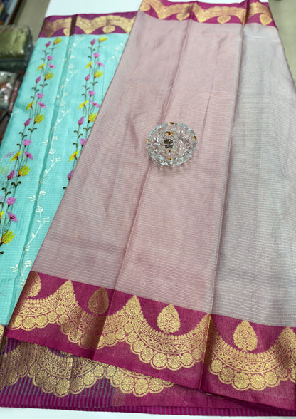 Banarasi handloom Kota check saree with mina embroidery, scalloped border and zari chit pallu
