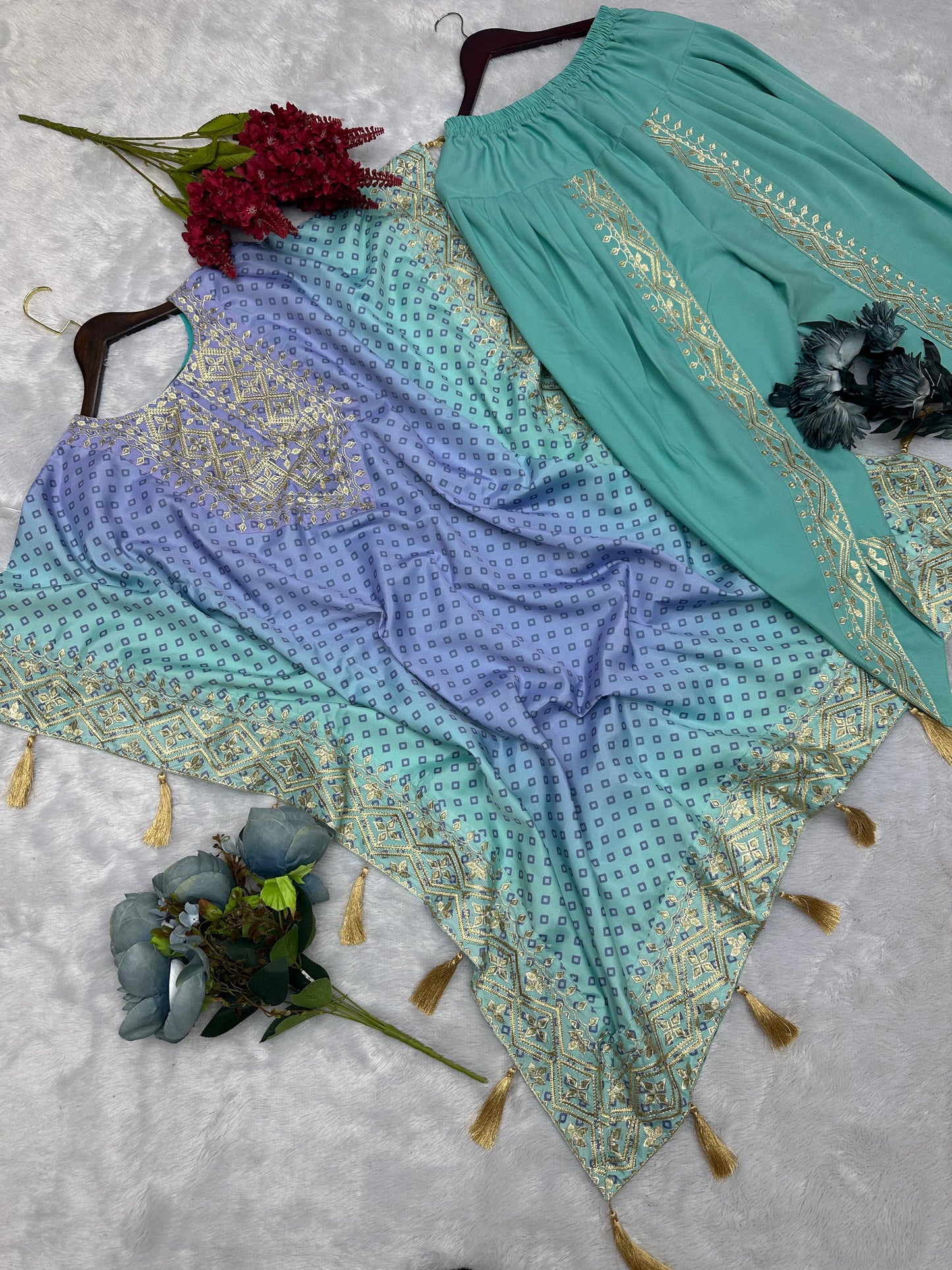 Pure Chinon Silk Embroidered Kaftan with Butter Silk Dhoti Set for Women