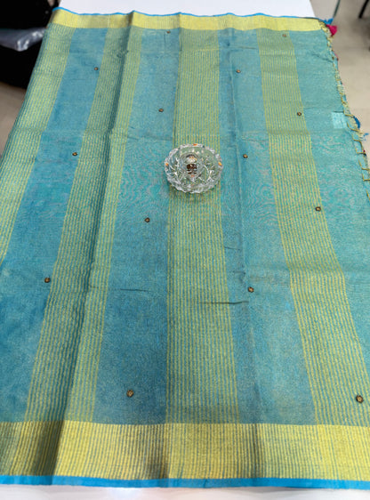 Pure Tissue 150 Count Linen Handloom Saree with Handwork and Running Blouse for Women