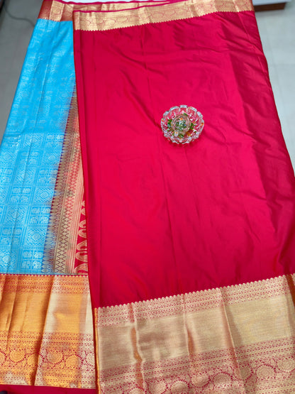 Semi Kanchi Pattu Brocade Saree with Zari Weaving and Contrast Border – Festive Wear