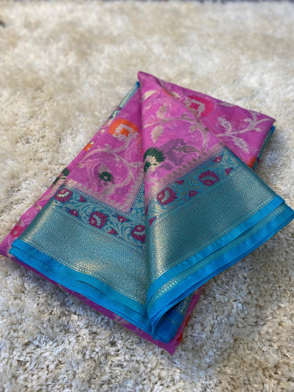 Banarasi Meenakari Georgette Silk Saree with Multi-Color Floral Weaving and Meena Border Blouse
