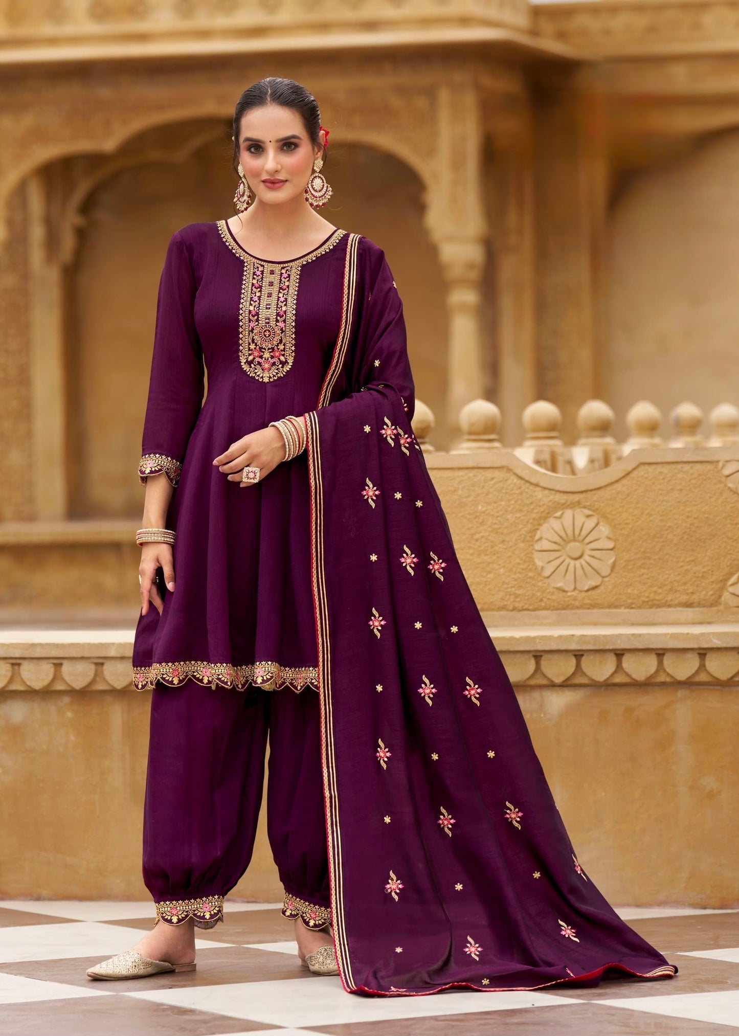 Silk Kurta Afghani Pant Dupatta Set with Fancy Work and Heavy Border Dupatta – XL & XXL