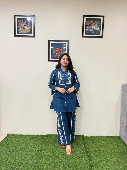 Navy Blue Cotton Flex Co-ord Set for Women with Thread Embroidery and Lace Detailing