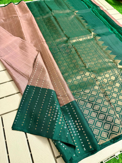 Pure Handloom Double Warp Kanchi Pattu Saree with Zari Motifs, Contrast Border & Royal Woven Pallu