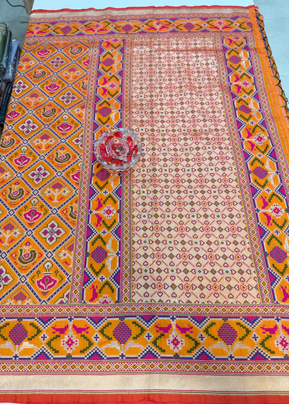 Orange Designer Silk Saree with Heavy Embroidery Work and Unstitched Blouse for Festive and Wedding Wear