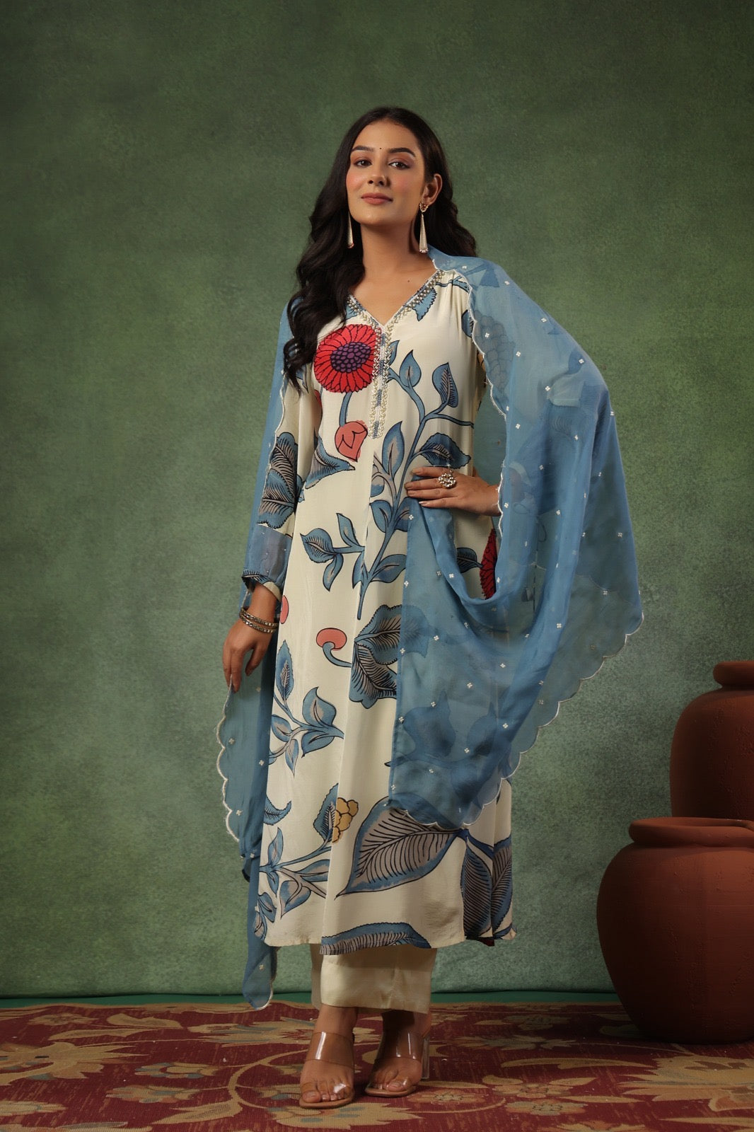 Pure Crepe Kurti Pant Dupatta Set for Women with Intricate Bits Work – Sizes 38 to 44