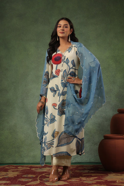 Pure Crepe Kurti Pant Dupatta Set for Women with Intricate Bits Work – Sizes 38 to 44