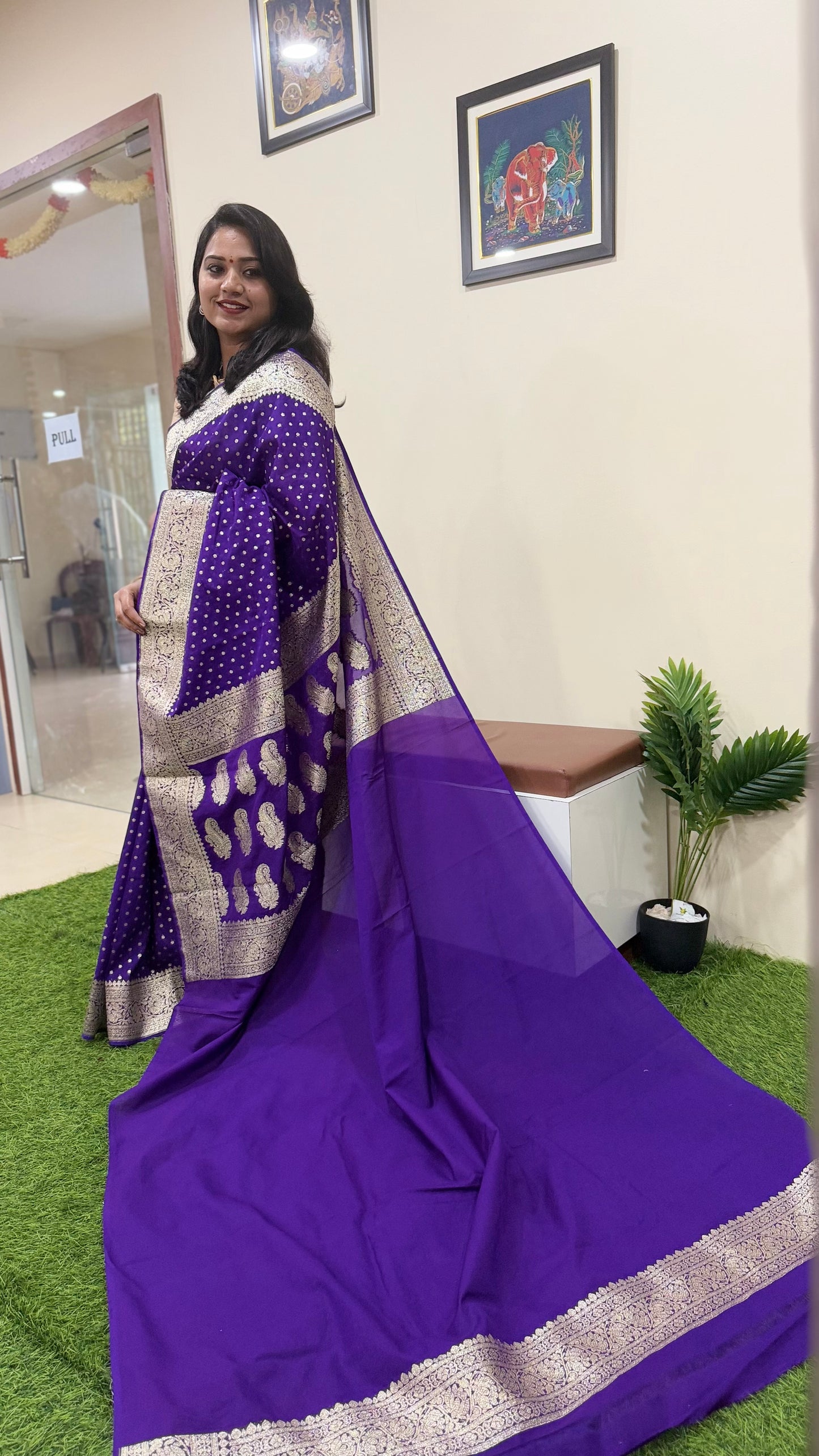 Banarasi Semi Katan Georgette Soft Silk Saree with Zari Woven Pallu – Festive Wear