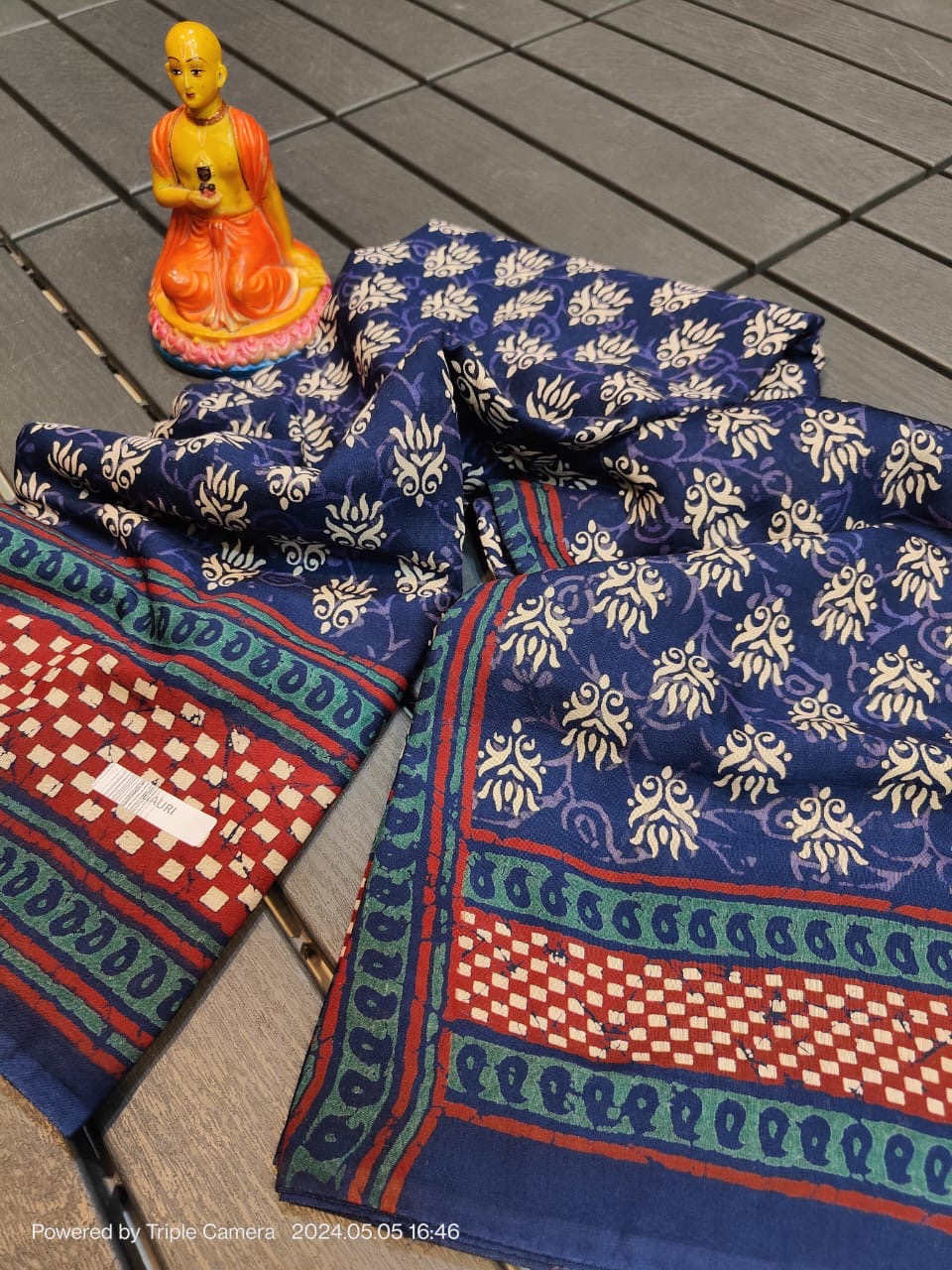 Semi Modal Silk Saree with Hand Block Prints and Contrast Blouse for Women