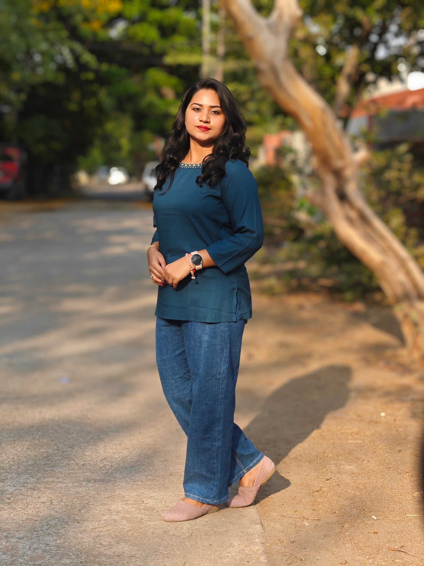 Women’s Indigo Short Top with Embellished Neckline – Sizes M to 2XL