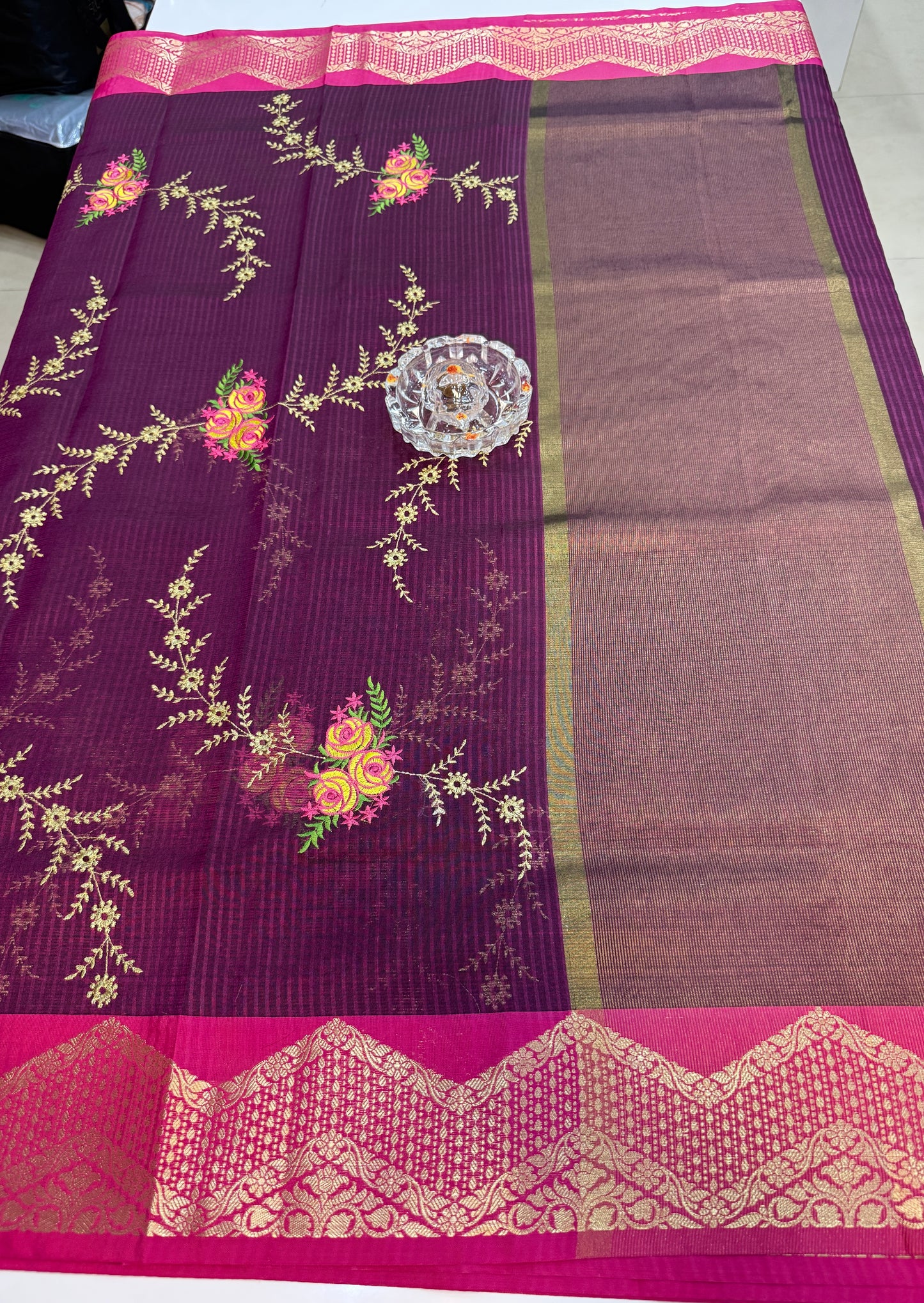 Banarasi kota silk saree with floral embroidery, contrast magenta zari border and matching blouse piece for women