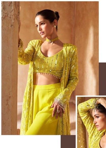 Real Georgette 3-Piece Embroidered Ethnic Set with Front and Back Detailing – Free Size Stitched for Women