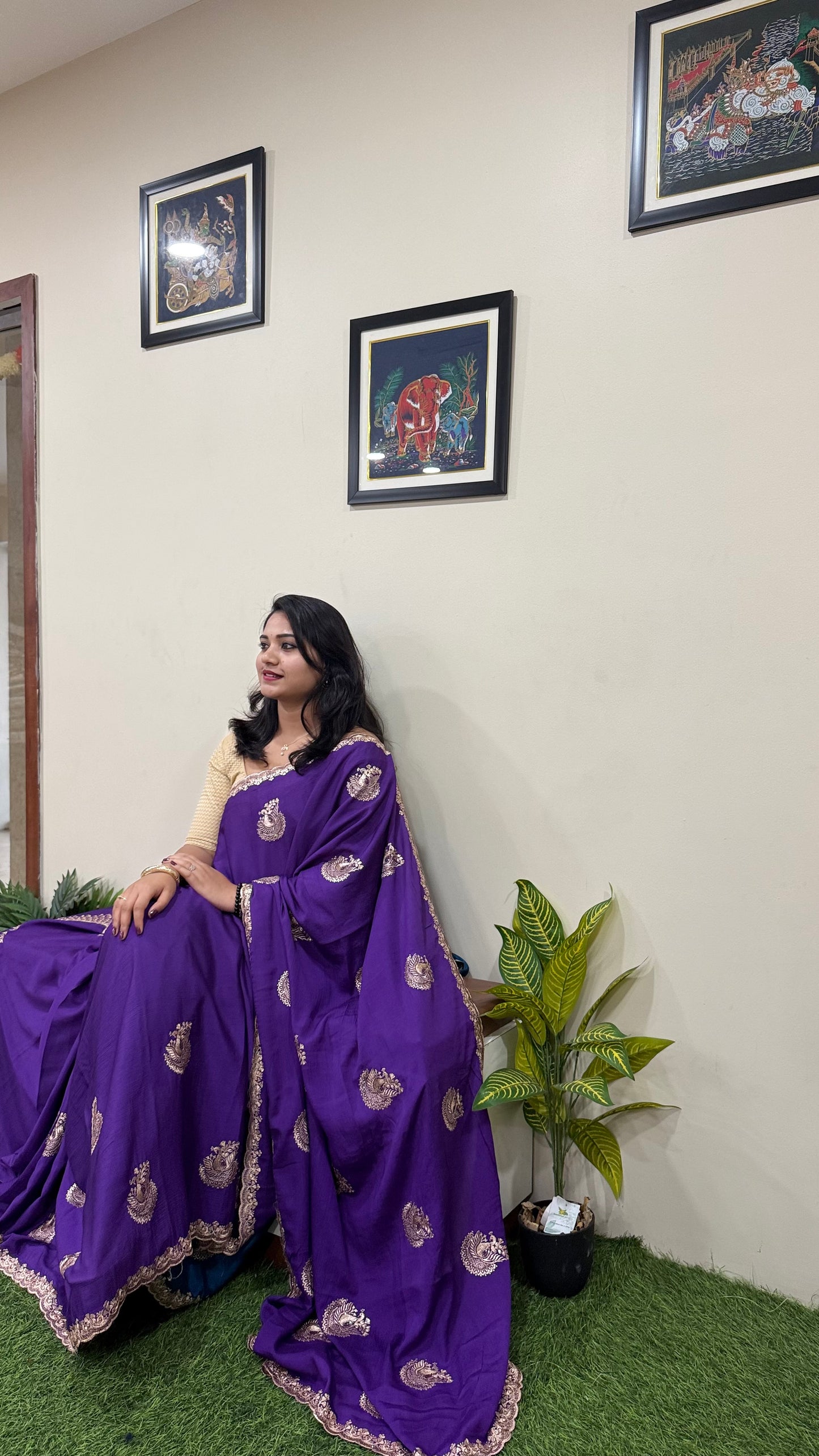 Pure Chinnon Saree with Embroidery, Work & Peacock Butta Motifs – Heavy Embroidered Blouse