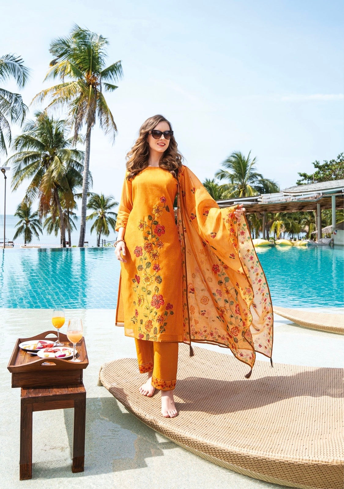 Modal Silk Kurti Pant Dupatta Set with Katha Embroidery and Jaam Silk Bottoms for Women – Plus Sizes