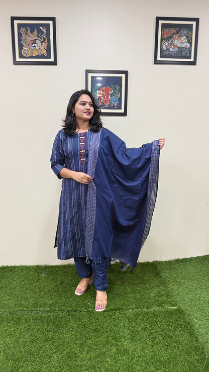 Cotton Handloom Straight Cut Kurta Pant Dupatta Set with Embroidery – Plus Sizes XL to 3XL