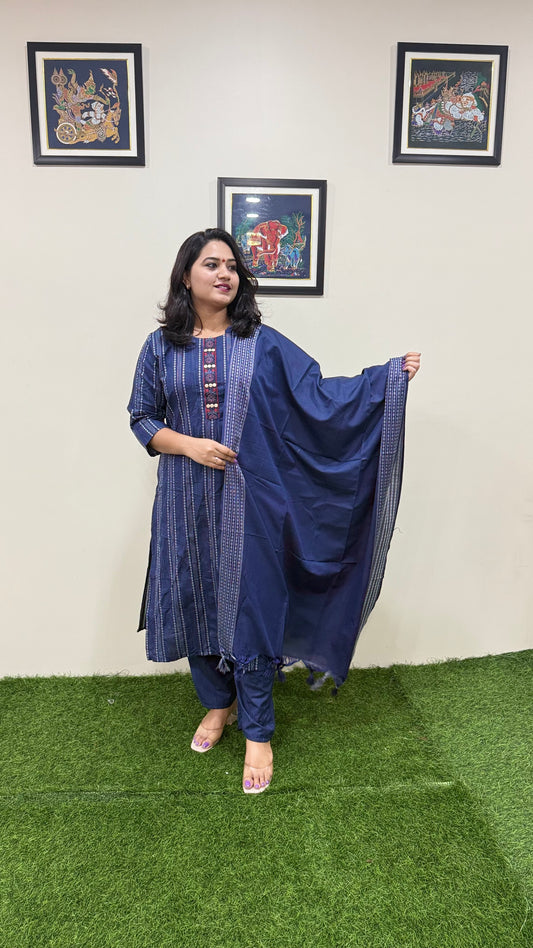 Cotton Handloom Straight Cut Kurta Pant Dupatta Set with Embroidery – Plus Sizes XL to 3XL