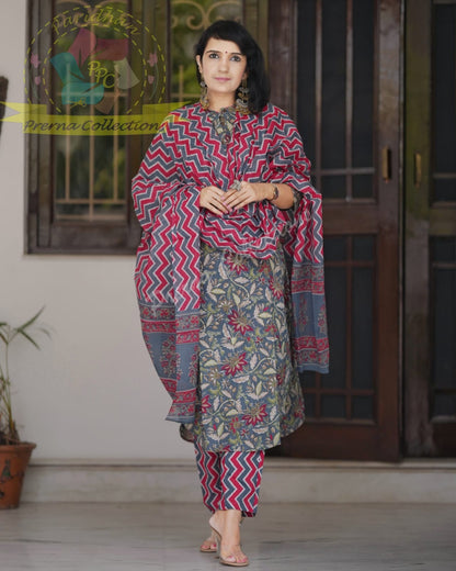 Pure Cotton Floral Kurti Pant Dupatta Set for Women – Printed 3-Piece Ethnic Wear – Sizes 36 38