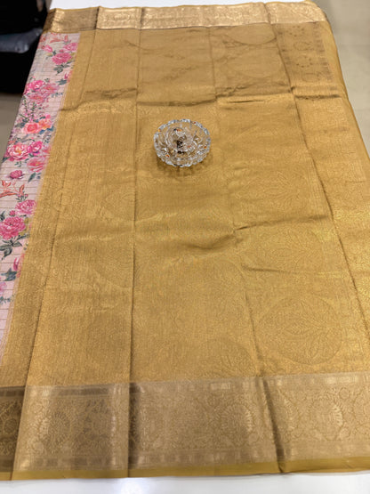 Printed handloom georgette saree for women with woven border and floral design