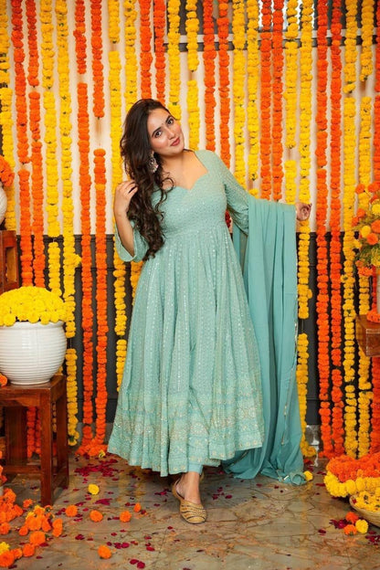 Pastel Blue Fox Georgette Chikankari Anarkali Suit Set with Dupatta and Bottom – Women’s Size 44