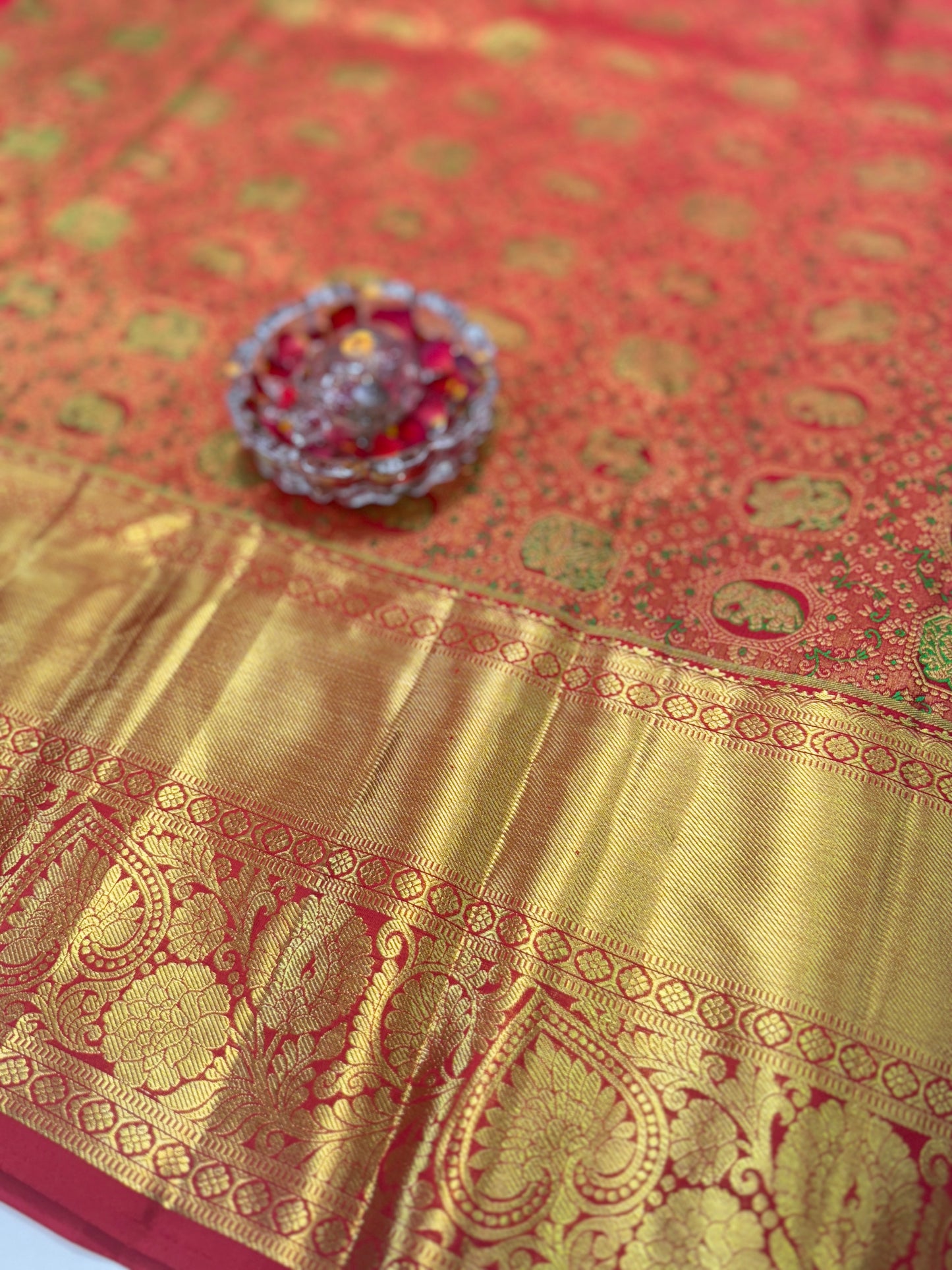 Bright Red Handloom Mulberry Silk Saree with Double Card Meenakari Motifs and Gold Zari Border