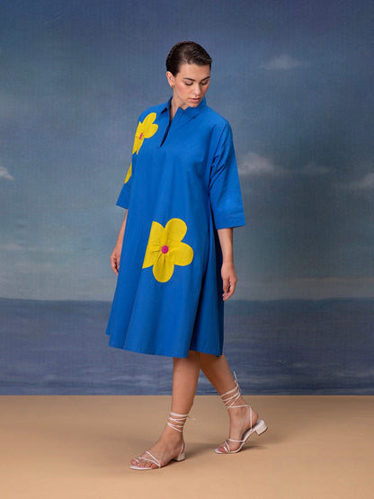 Poplin Cotton Applique Midi Dress with Bold Floral Motifs – Women’s Casual Wear (M to XL)