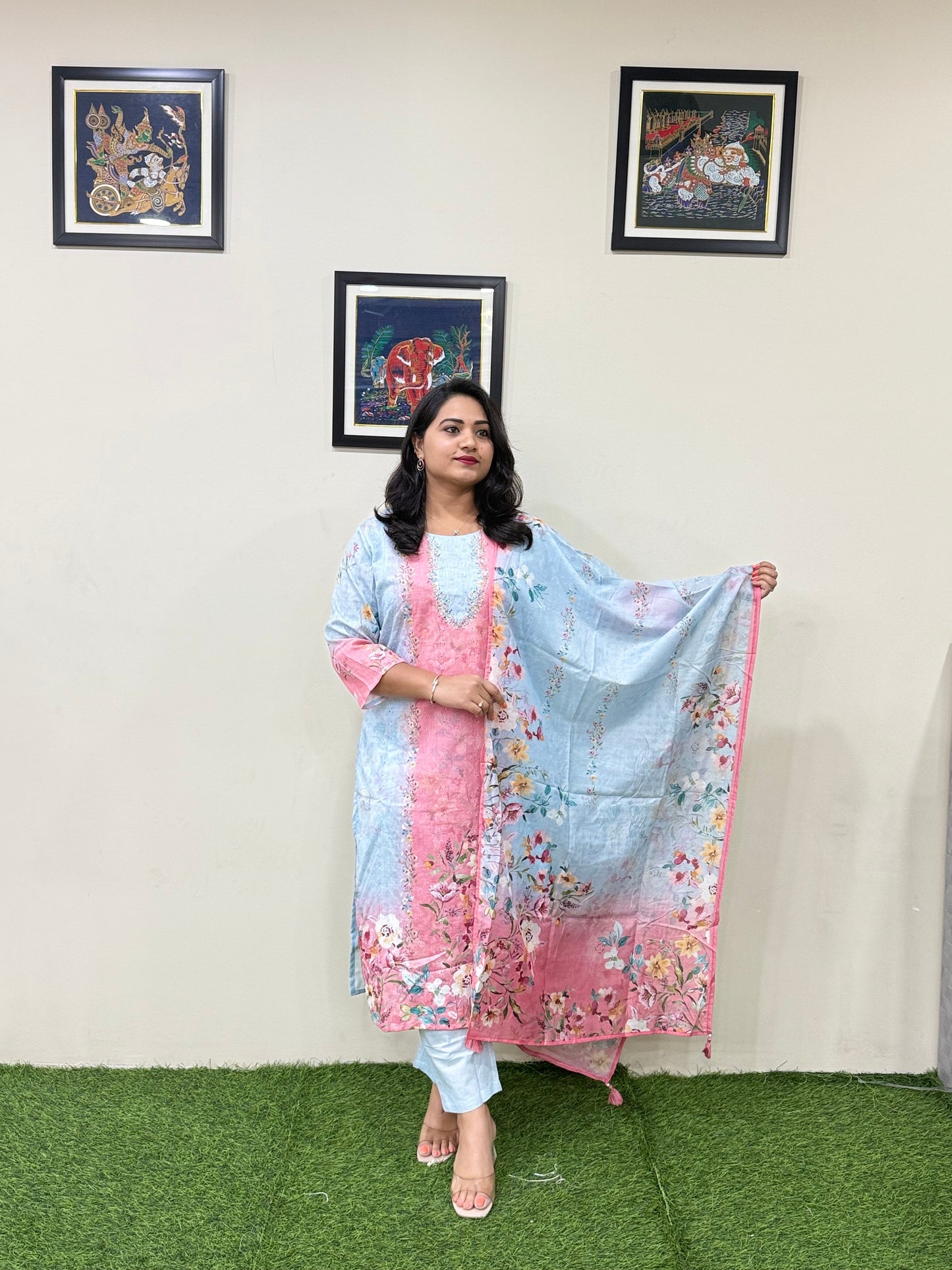 Women’s Linen Schiffli Embroidered Kurta Set with Cotton Pant and Viscose Mal Dupatta – L to 3XL