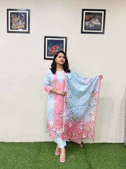 Women’s Linen Schiffli Embroidered Kurta Set with Cotton Pant and Viscose Mal Dupatta – L to 3XL