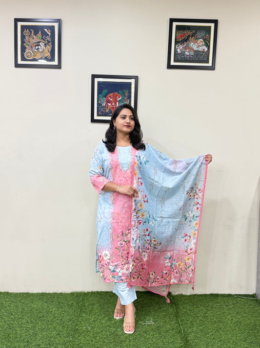 Women’s Linen Schiffli Embroidered Kurta Set with Cotton Pant and Viscose Mal Dupatta – L to 3XL