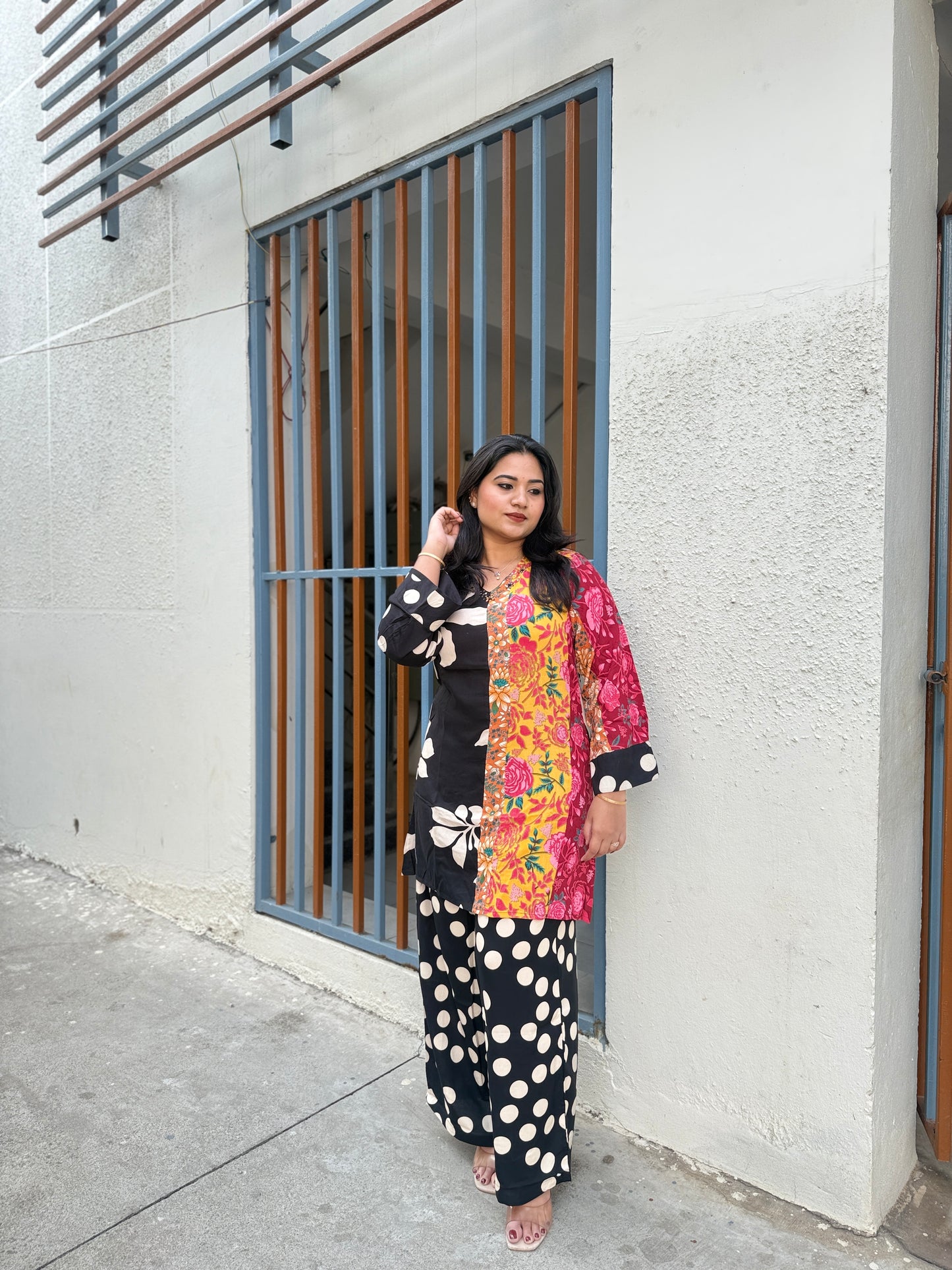 German rayon kurta palazzo set for women with printed detailing work