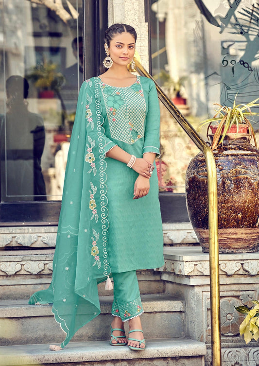 Viscose Embroidered Kurta Pant Set with Organza Dupatta for Women – Plus Sizes Available