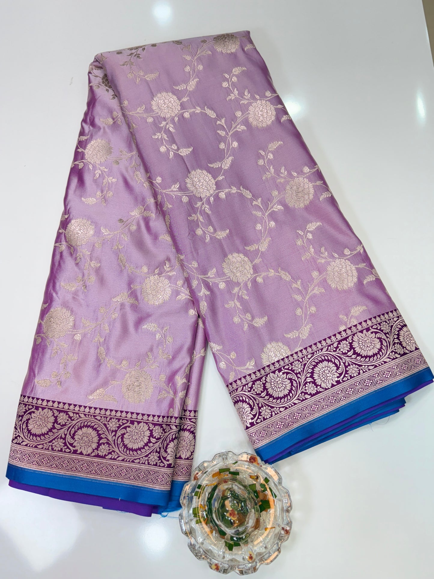 Banarasi Mashru Katan Silk Saree in Lavender and Wine with Contrast Blouse Piece – Women’s Festive Wear