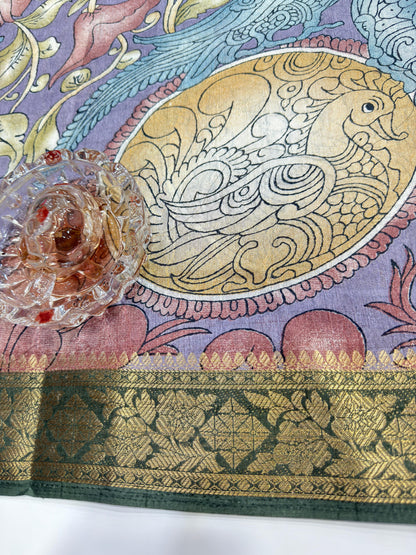 Silk blend printed saree with floral and bird motifs, zari border, women’s festive wear saree