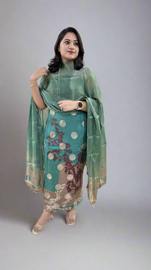 Unstitched Muslin Jacquard Dress Material with Digital Print, Canvas Satin Bottom and Silk Embroidered Dupatta