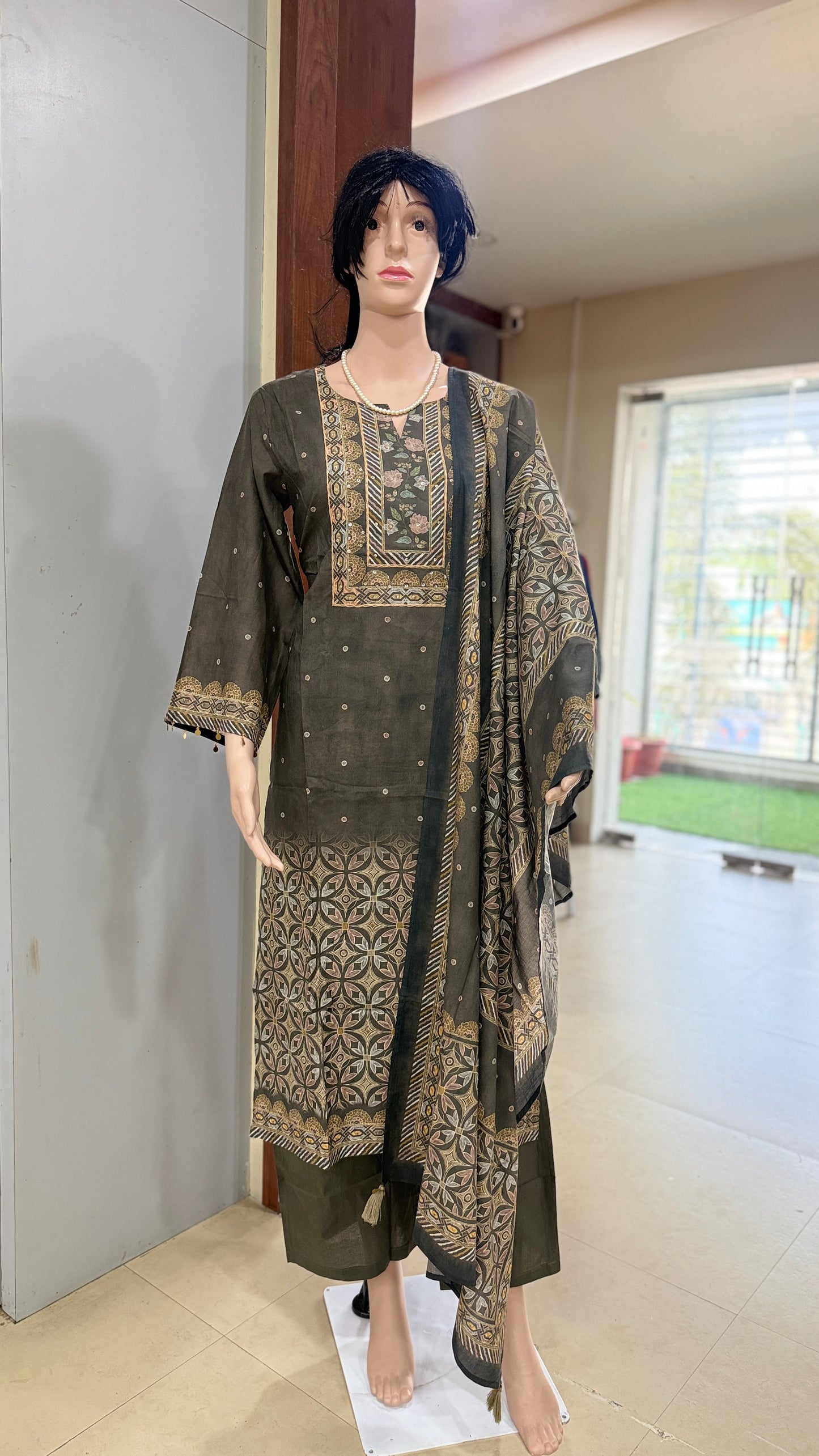 Italian cotton kurta pant dupatta set for women with placement print, straight 3 piece ethnic set, sizes 38 to 44