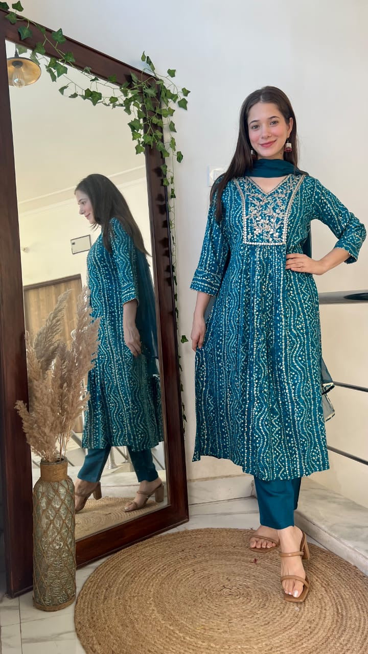 Rayon Bandhej Print Anarkali Kurta Suit Set with Handwork, Santoon Pants and Chiffon Dupatta for Women