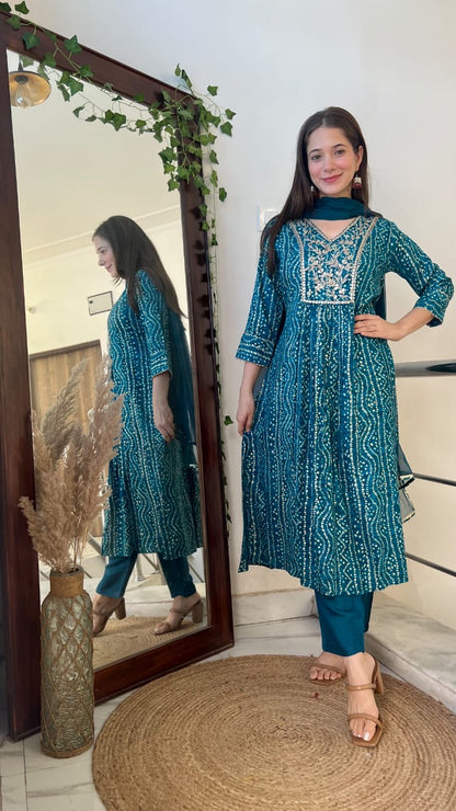 Rayon Bandhej Print Anarkali Kurta Suit Set with Handwork, Santoon Pants and Chiffon Dupatta for Women