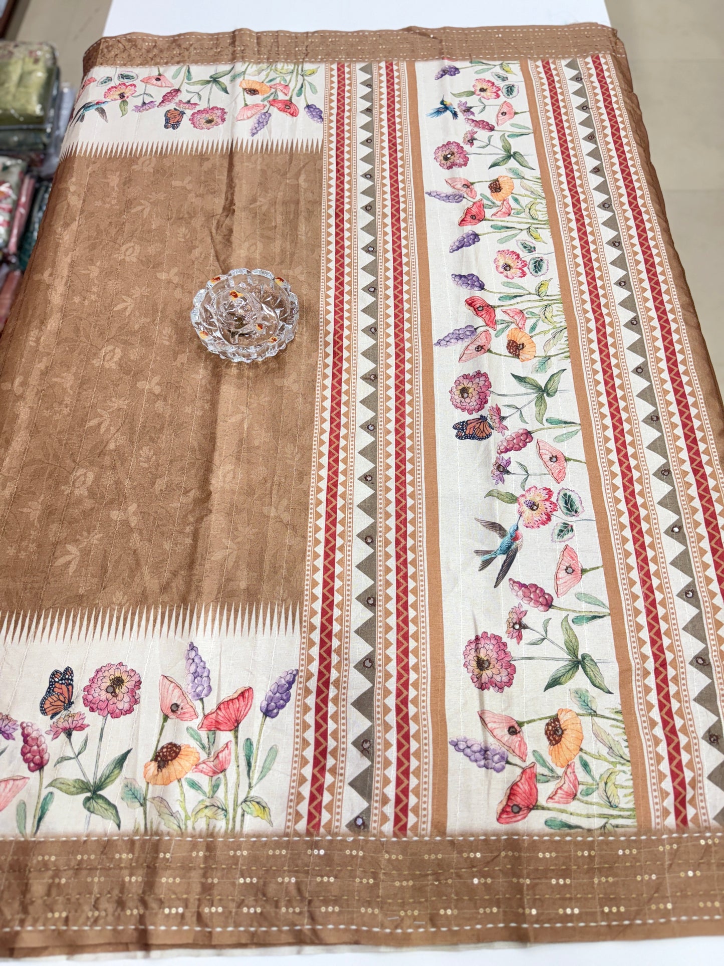 Tussar Fabric Saree with Katha Print Border, Mirror Work and Matching Blouse