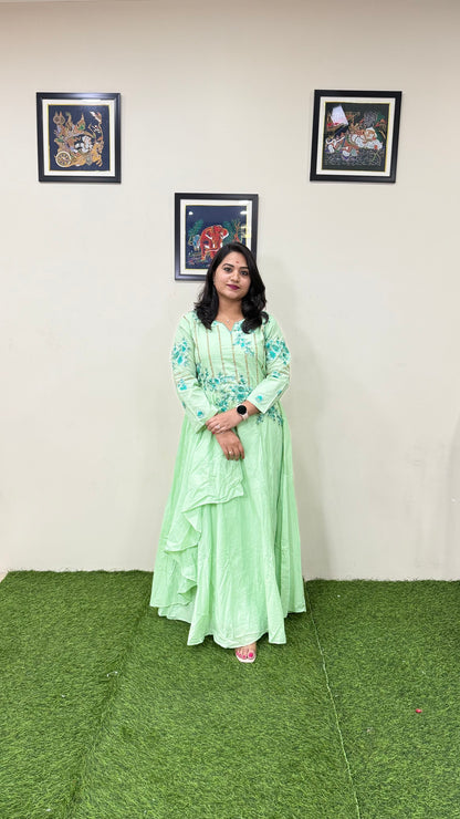 Muslin Silk Embroidered Gown for Women with Handwork and Malai Crepe Inner – 56+ Inch Length