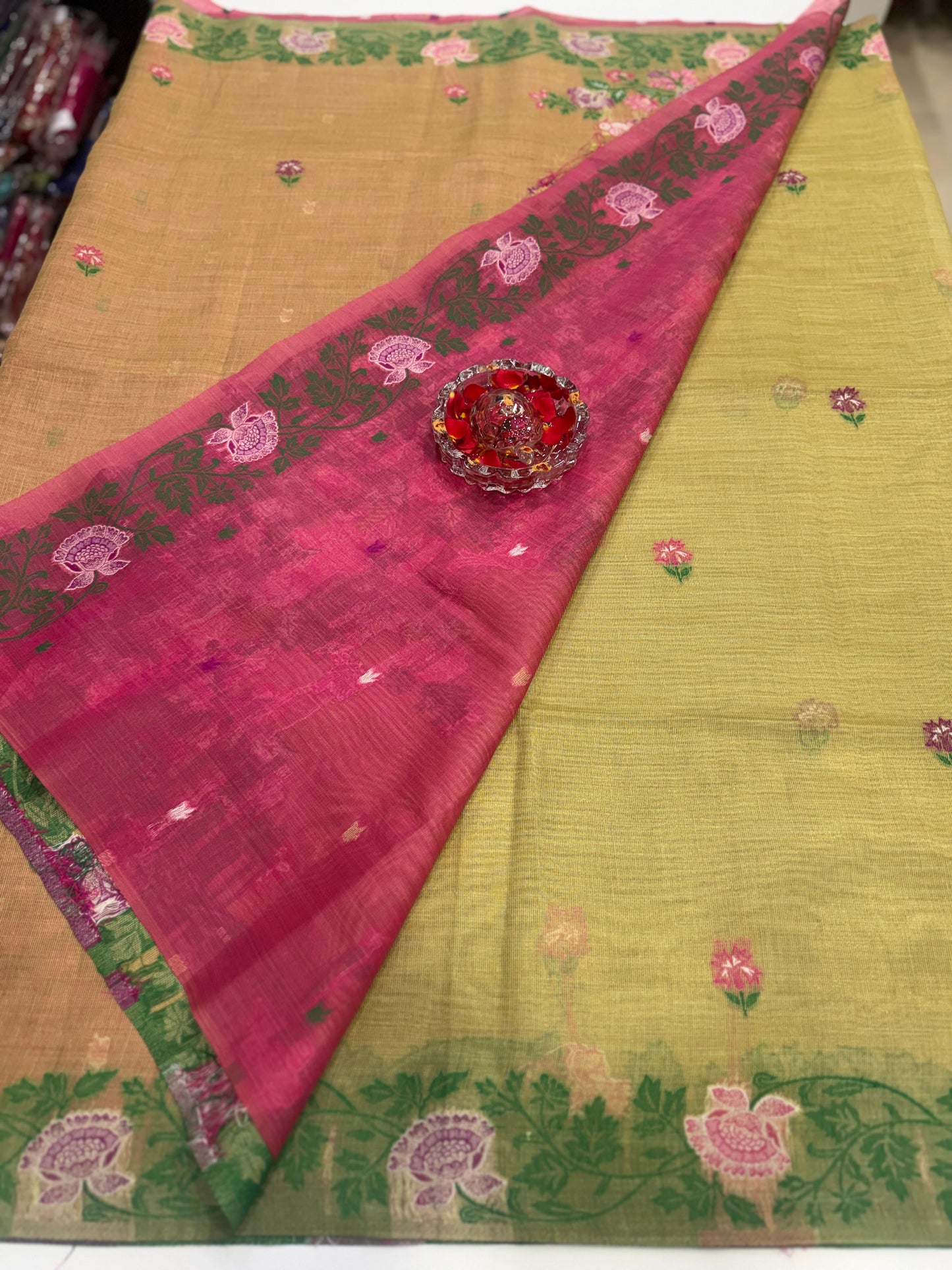 Tissue chanderi saree with floral border and tassel pallu, pastel printed saree for women