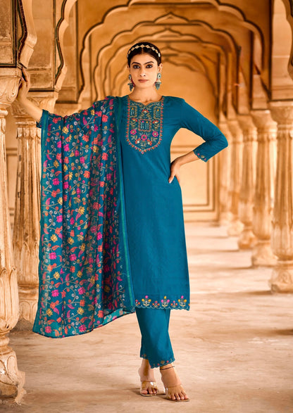 Viscose Embroidered Kurta Pant Dupatta Set with Khatli Mirror Work and Digital Print Dupatta – L to 3XL