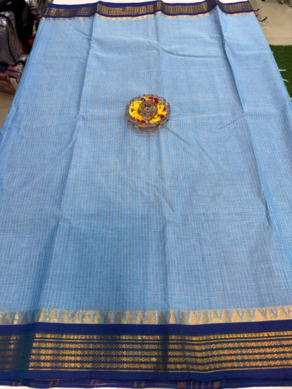 Kanchi cotton saree with checked putta design and zari thread border, 6.2m with running blouse, women’s traditional saree