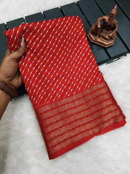 Butter Dola Silk Bandhej Saree with Mothra Leheriya Print and Golden Rudraksh Border – With Blouse Piece