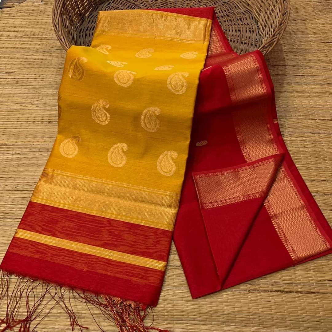 Maheshwari Silk Cotton Saree with Mango Butta Motifs & Gold Zari Border