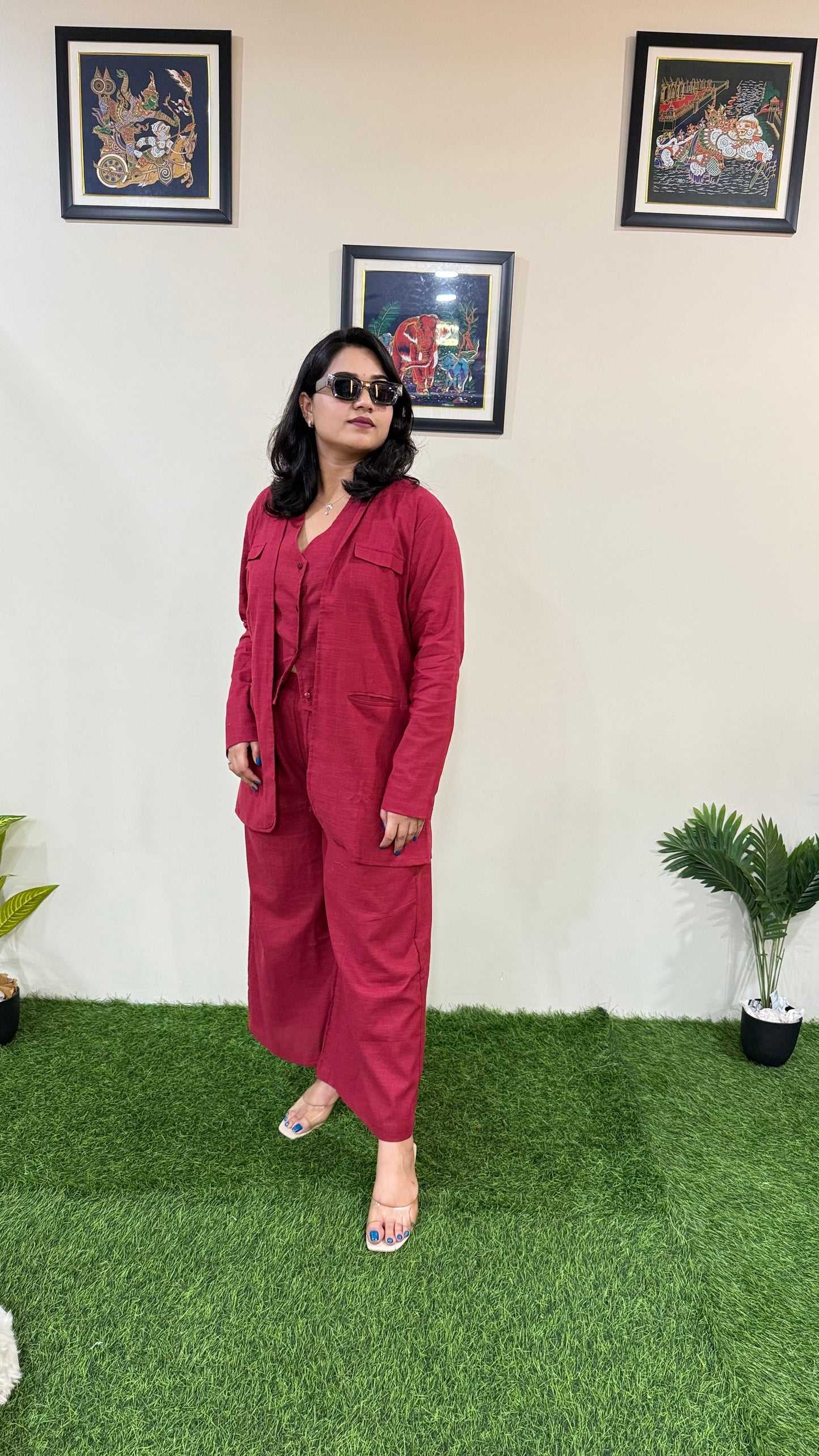 Pure Cotton Slub Bell-Bottom Pants with Halter Neck Waistcoat and Long Blazer – Women’s Three-Piece Set (Sizes 40 to 44)