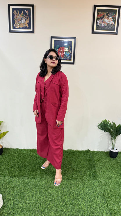 Pure Cotton Slub Bell-Bottom Pants with Halter Neck Waistcoat and Long Blazer – Women’s Three-Piece Set (Sizes 40 to 44)