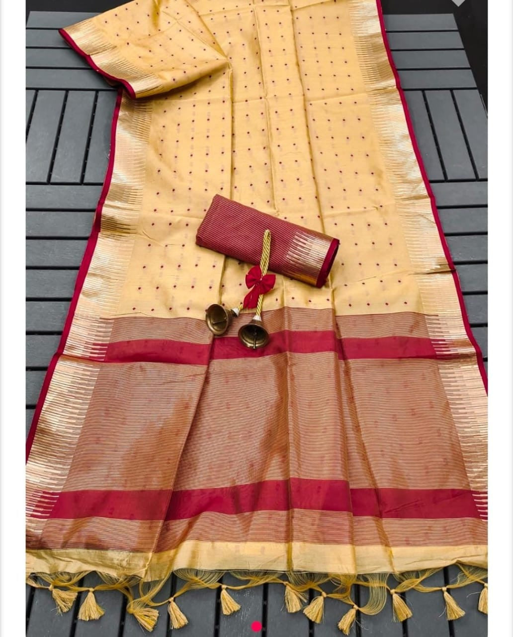 Semi Raw Silk Saree with Body Buti Design, Rich Woven Border and Contrast Blouse for Women