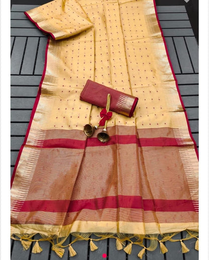 Semi Raw Silk Saree with Body Buti Design, Rich Woven Border and Contrast Blouse for Women
