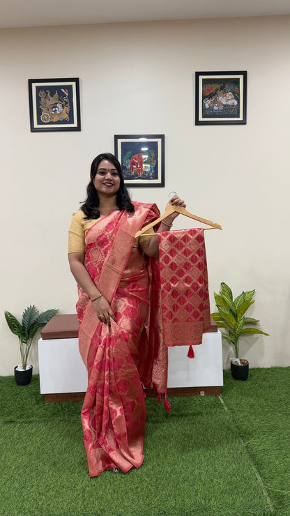 Heavy Red Organza Woven Saree with Golden Zari Border and Tassel Pallu