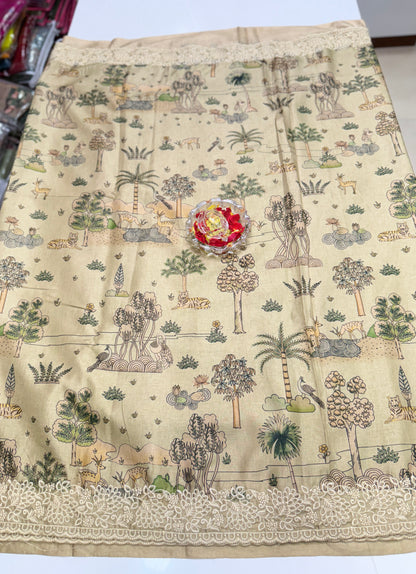Ernakulam Silk-Blend Embroidered Saree with Printed Design and Lace Border – Festive Wear for Women